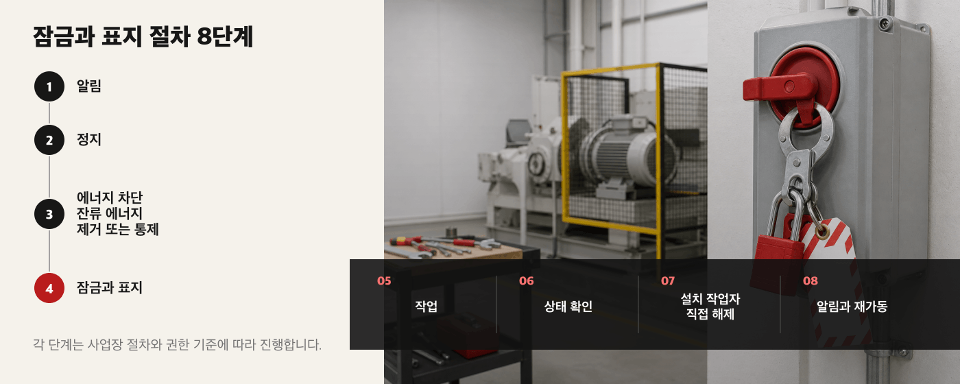 정비와 청소 작업의 LOTO 여덟 단계